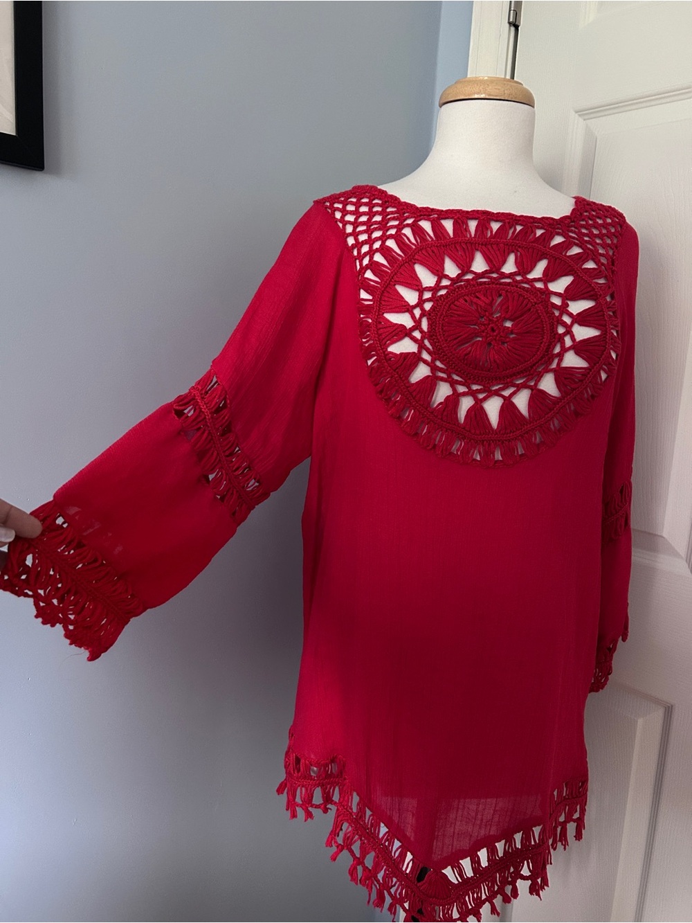 Red Crochet-Accent - See Through Women's Tunic Top